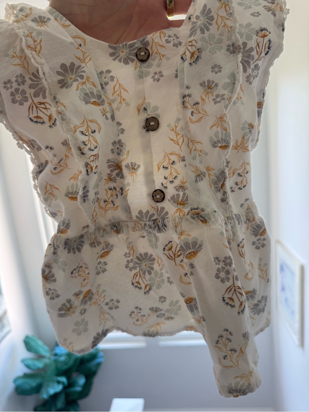 Rachel Zoe White Floral Button-Back Peplum Top with Gray and Yellow Print